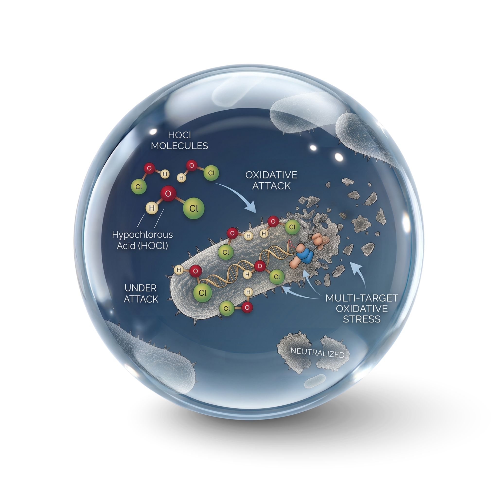 Illustration of hypochlorous acid (HOCl) molecules mounting a multi-target oxidative attack that neutralizes a bacterium inside a water droplet